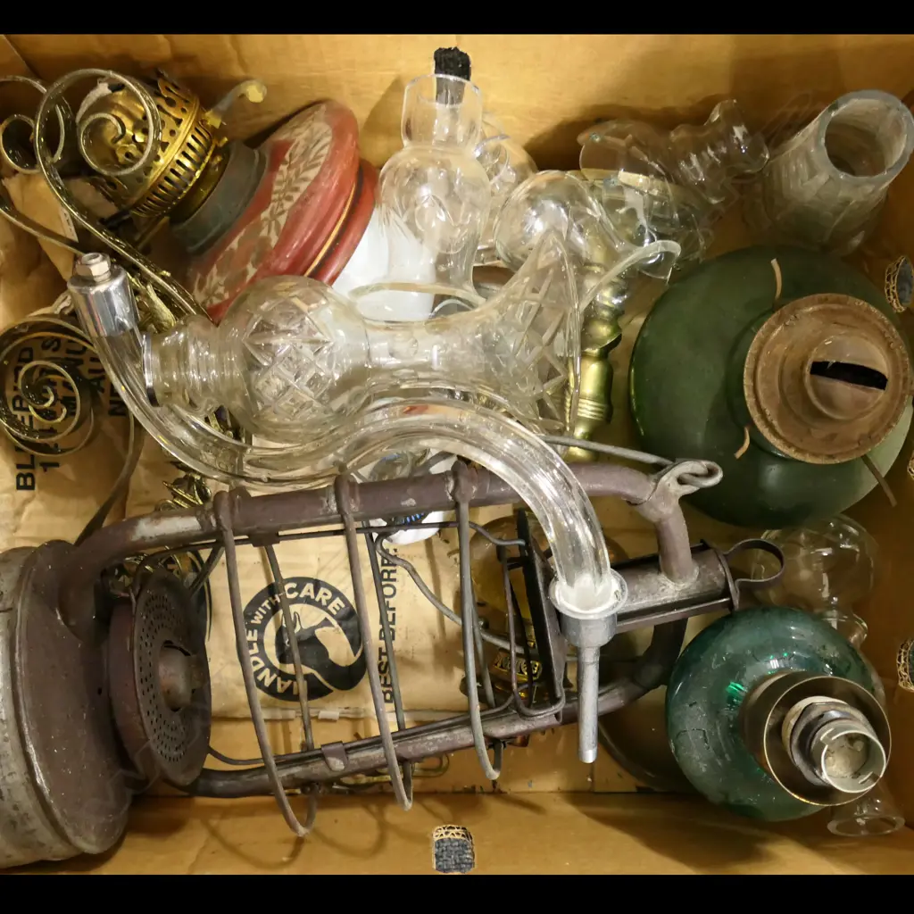 BOX LOT ASST. KEROSENE LAMPS, LANTERN, CRYSTAL ETC Image 1++