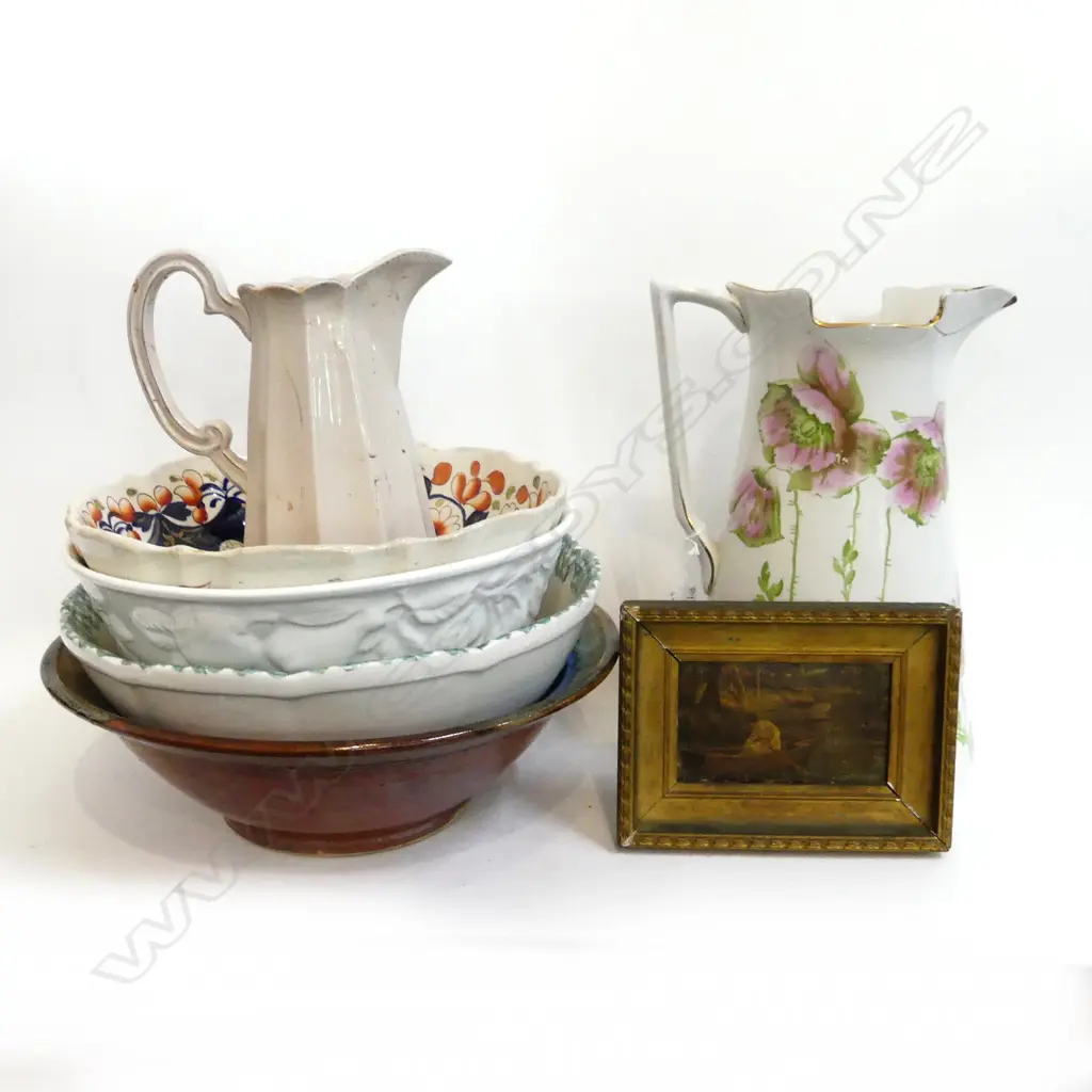 4 LG CERAMIC BOWLS 330mm dia + 2 LG JUGS H.330mm FAULTS + GILT FRAMED PRINT 70x125mm Image 1++