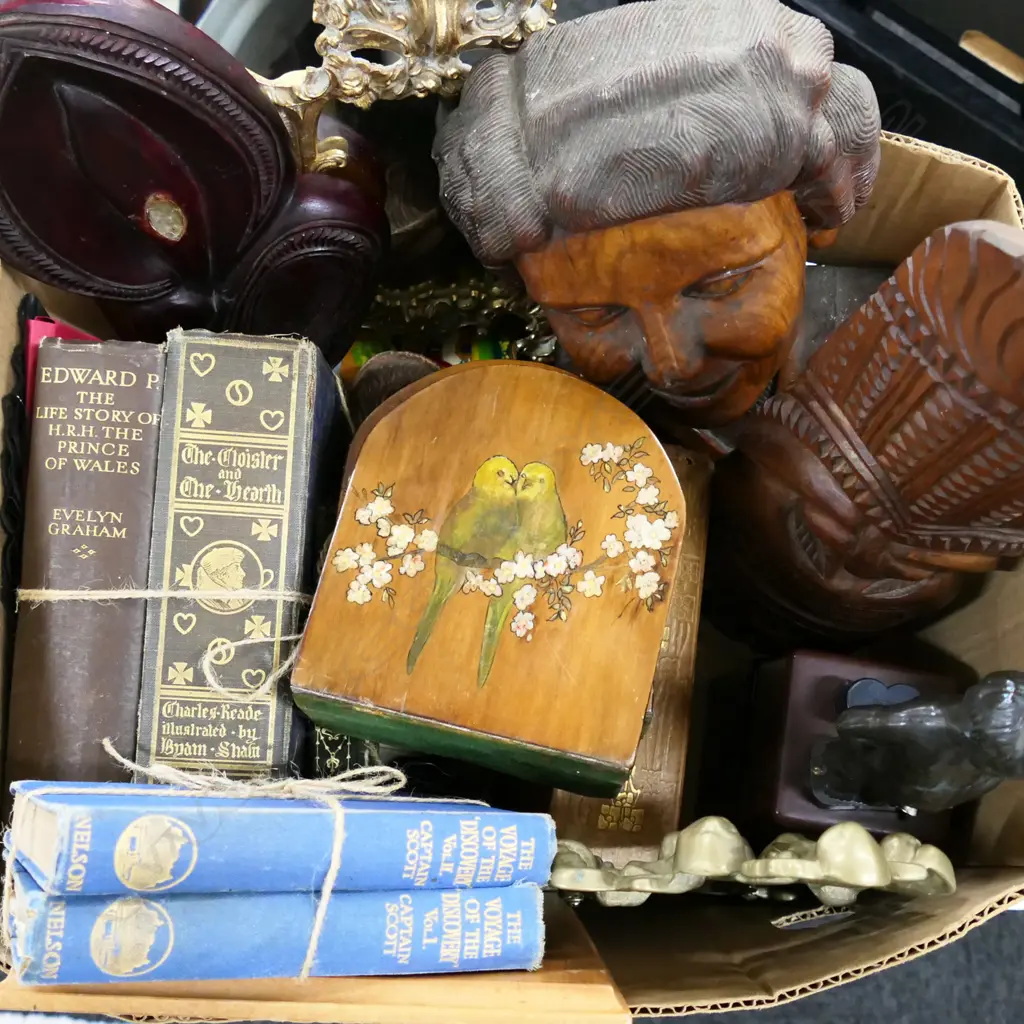 BOX LOT ASST.; WOODEN CARVINGS, BRASS FRAMES, OLD BOOKS ETC Image 1++