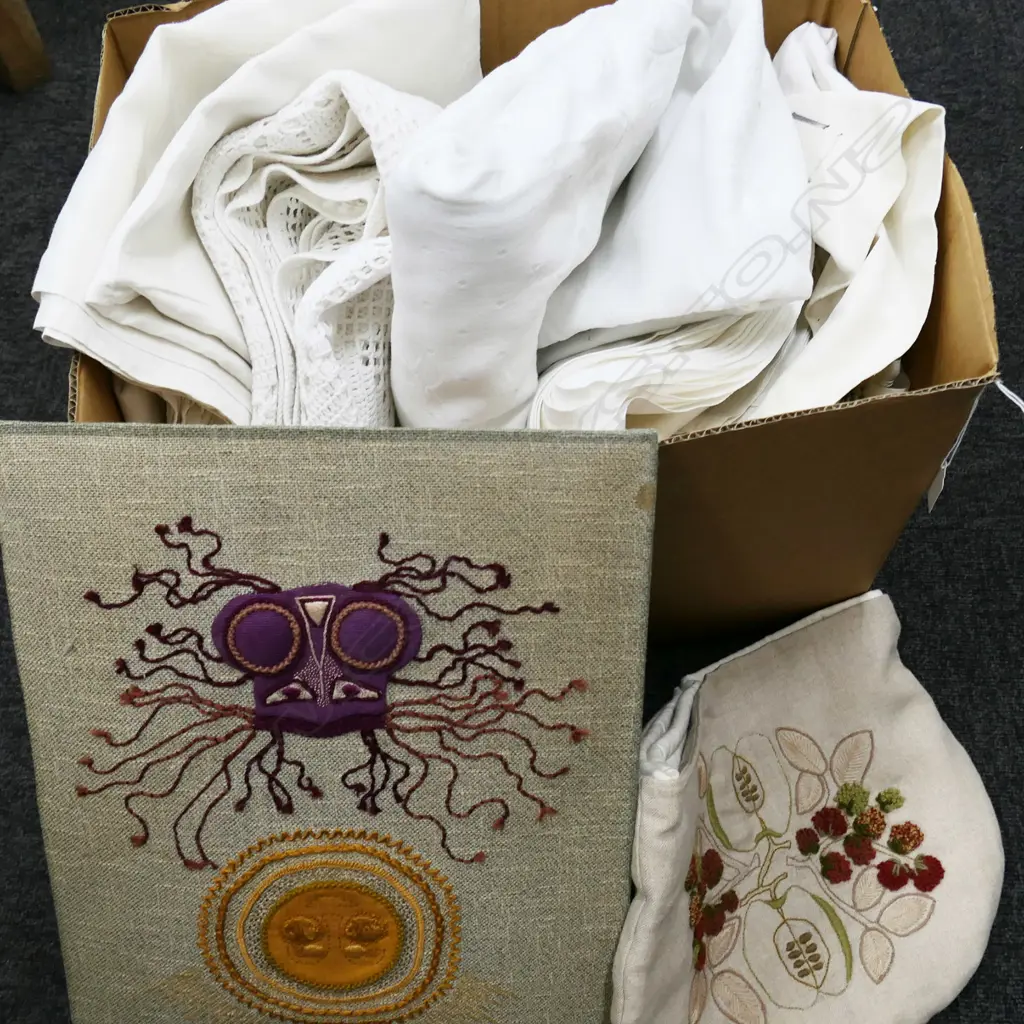 BOX LOT ASST. VINTAGE LINENS; TABLECLOTHS, NAPKIN SET, TEA COSY ETC Image 1++