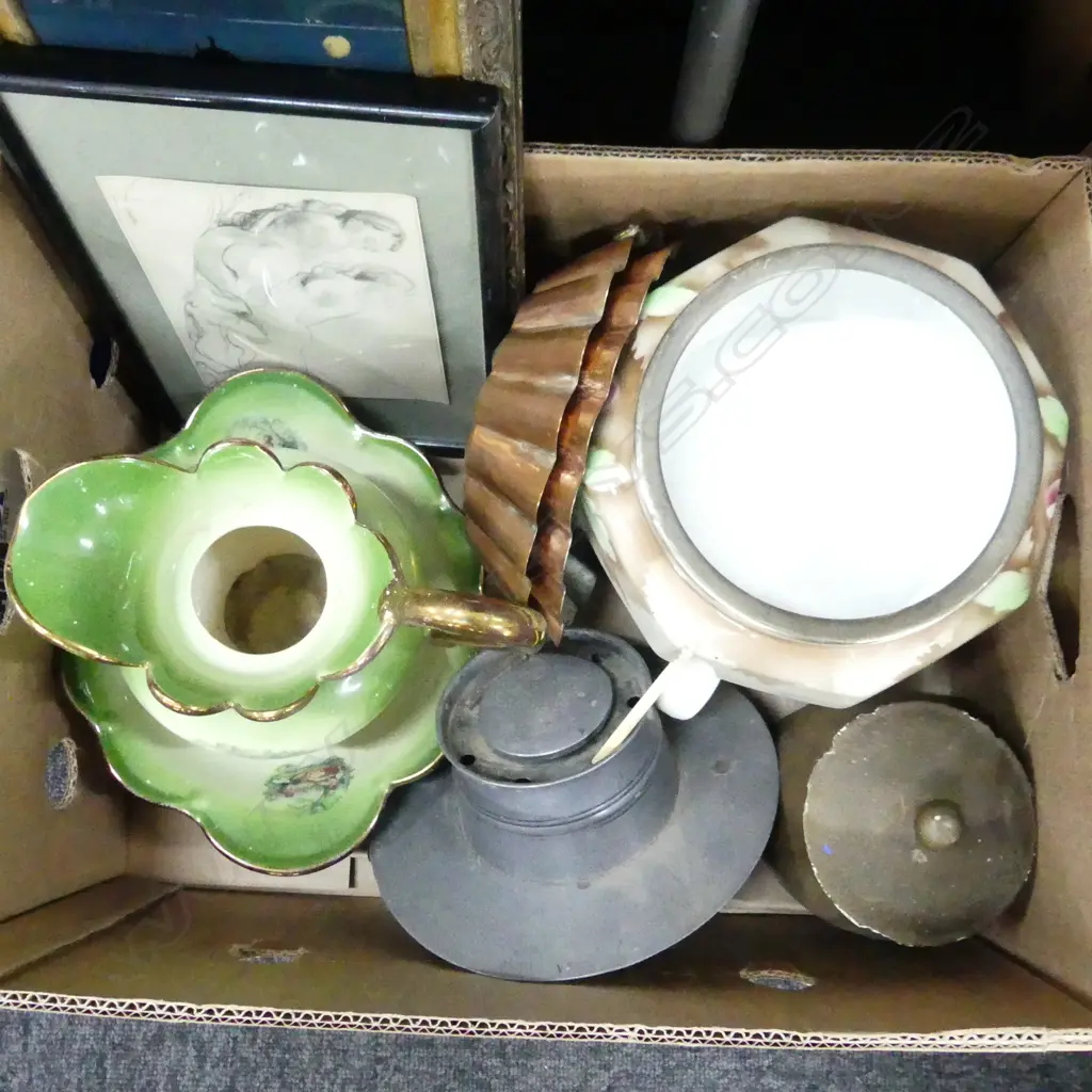 BOX LOT CERAMICS, ART, PEWTER INKWELL ETC Image 1++