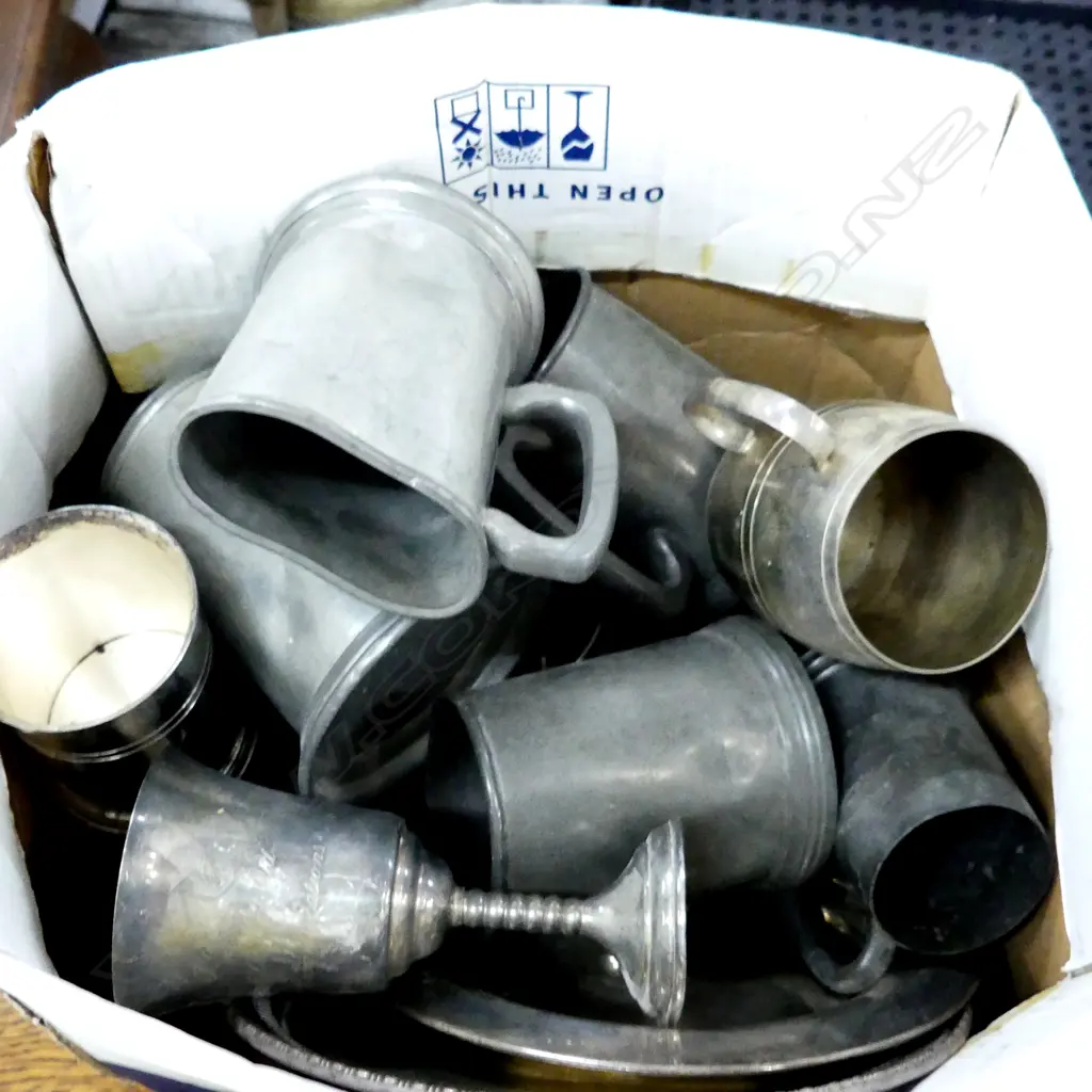 BOX LOT ASST. PEWTER TANKARDS ETC Image 1++