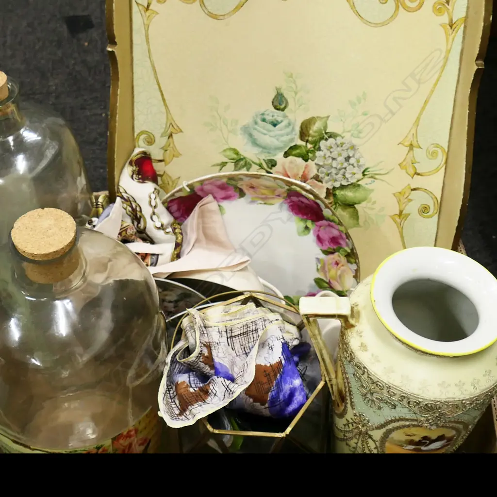 BOX LOT ASST. CHINA, DINNER TRAY, TALL VASE, 2 LG PHARMACY PERFUME DISPLAY BOTTLES, SCARVES ETC Image 1++