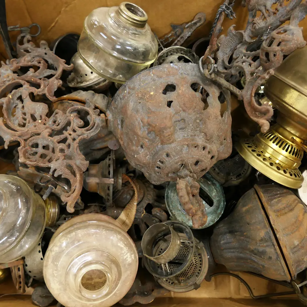 BOX LOT ASST. KEROSENE LAMP PARTS Image 1++