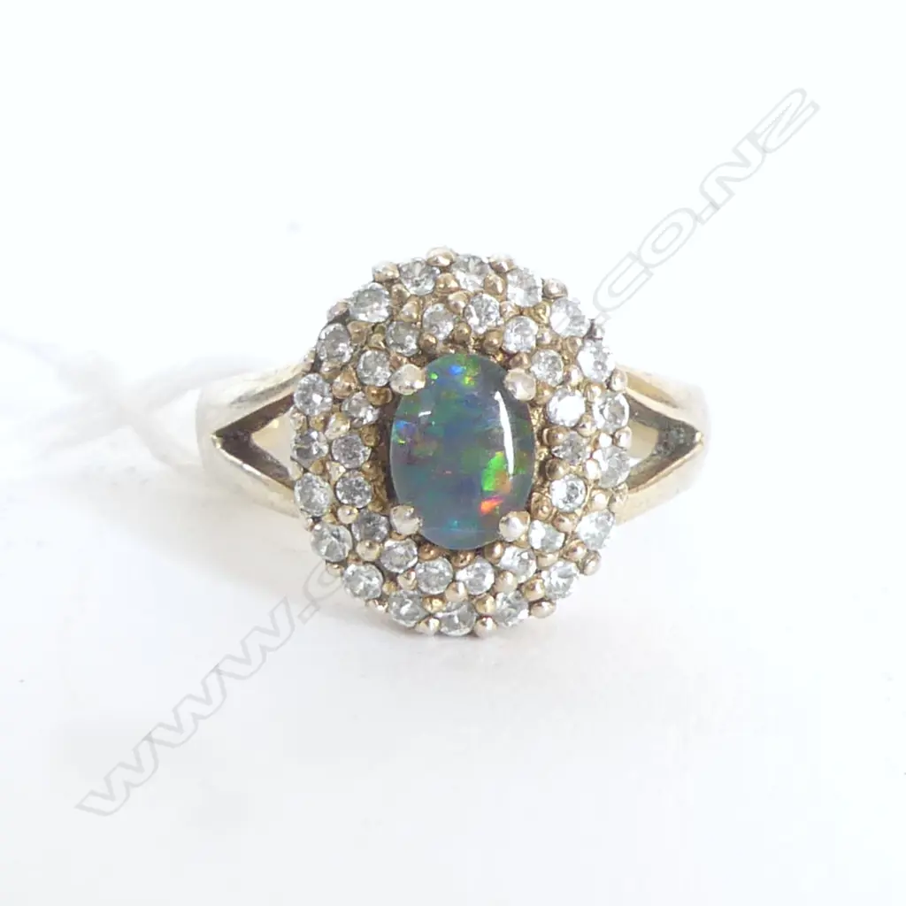 OPAL DOUBLET & faux diamond RING size Q gold plate? NOT gold Image 1++
