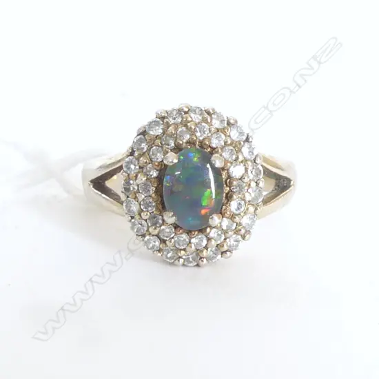 OPAL DOUBLET & faux diamond RING size Q gold plate? NOT gold