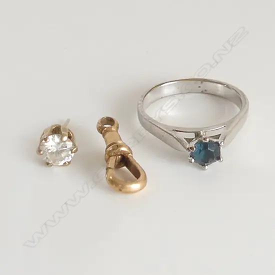 GOLD PLATED OLD CHAIN CLIP + SILVER FAUX DIAMOND EARRING + 'AVON' RING