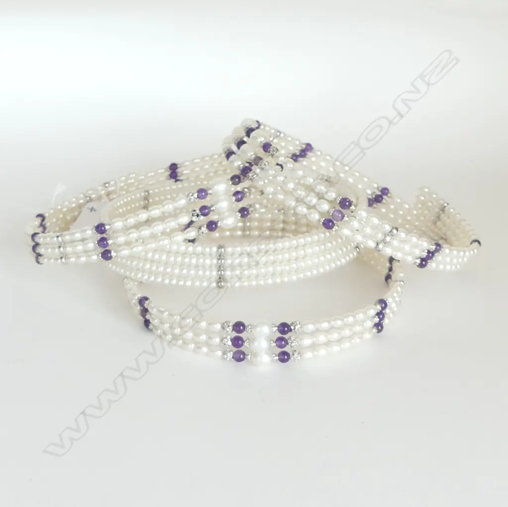4 SILVER MOUNTED FRESHWATER PEARL & AMETHYST CHOKERS Image 1++