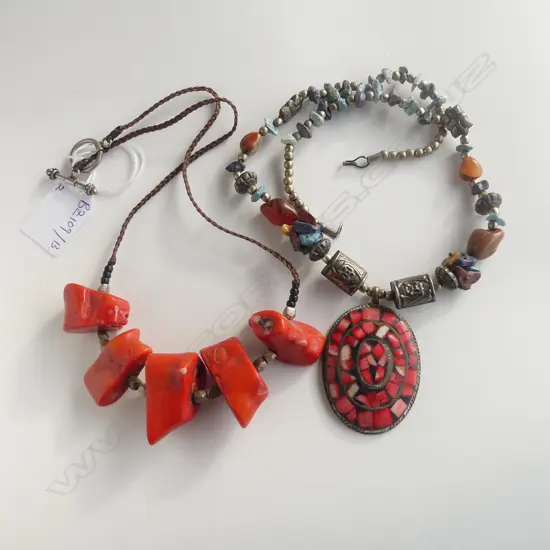 2 ETHNIC NECKLACES; RED CORAL & CAMBODIAN BEADED