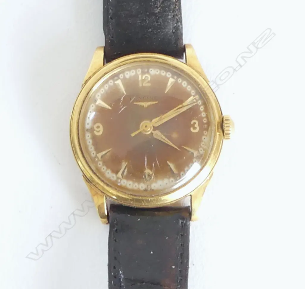 18ct GOLD LONGINES VINTAGE GENTS WRISTWATCH  bronze toned dial Working old leather strap a.f Image 1++