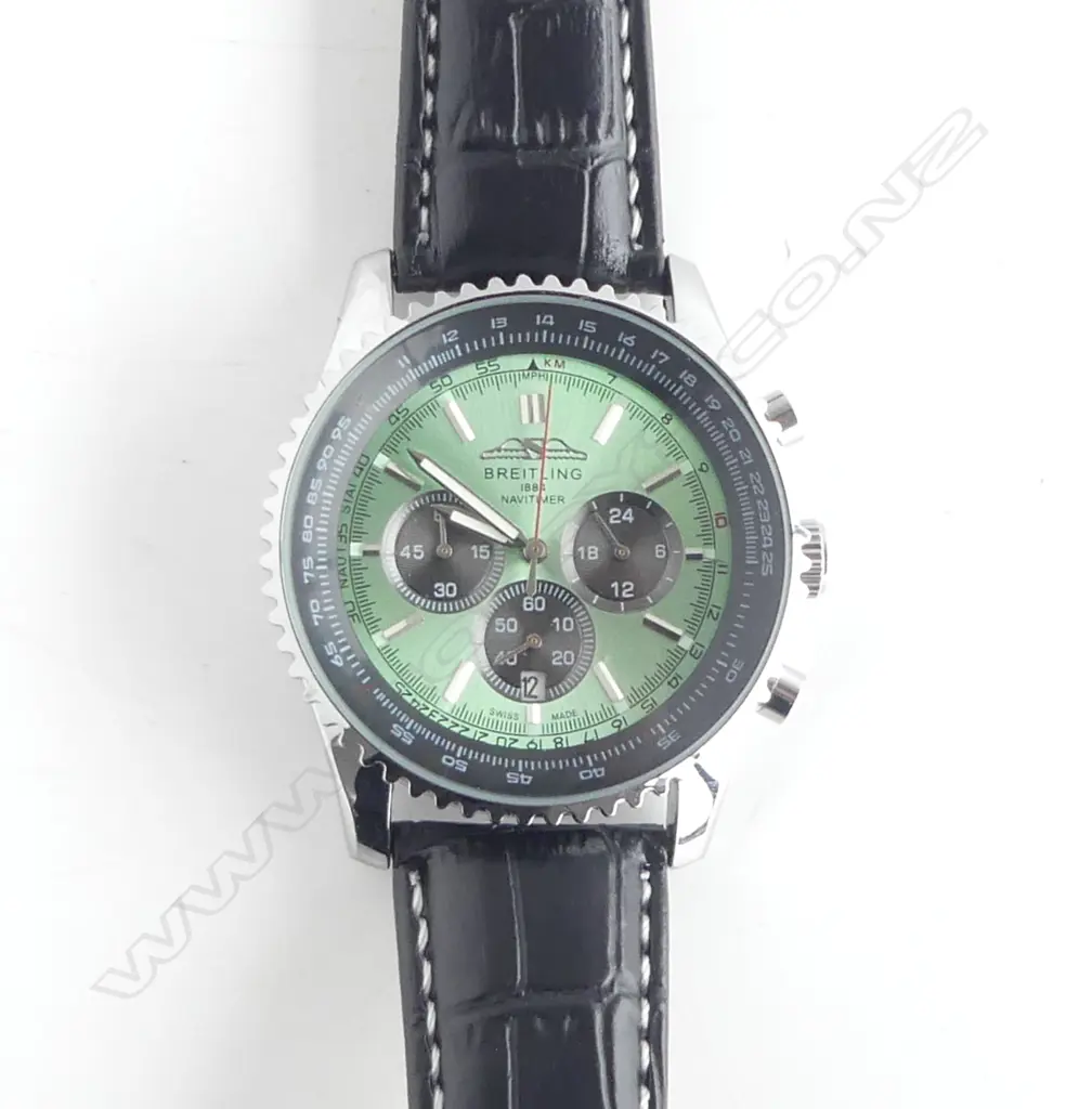 GENTS REPLICA BREITLING CHRONOGRAPH  WATCH w LEATHER STRAP Image 1++