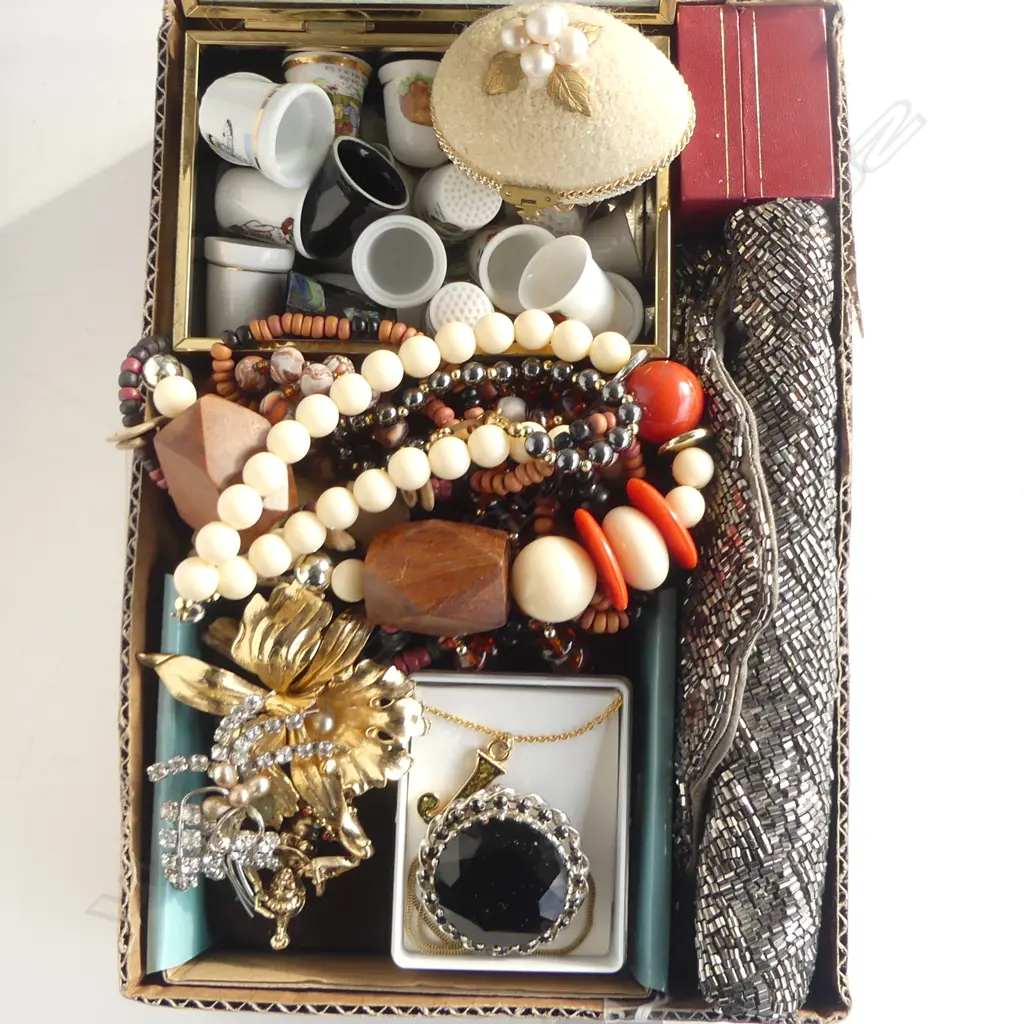 COLLECTION OF THIMBLES, COSTUME JEWELLERY, JEWELLERY POUCH & BOXES Image 1++