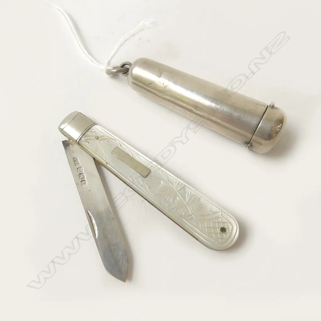 STG SILVER CIGARETTE HOLDER B'HAM 1899, STG SILVER MoP FRUIT KNIFE, SHEF. 1922 Image 1++