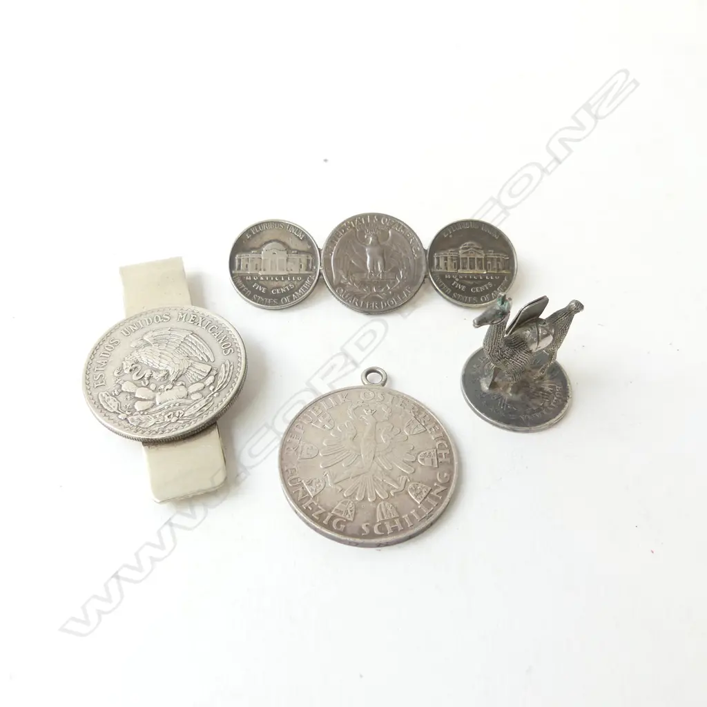 4 ASST. SILVER COIN PCES; AUSTRIAN 50 SCHILLING PENDANT, LLAMA CARD HOLDER, MONEY CLIP, 3 COIN BROOCH Image 1++