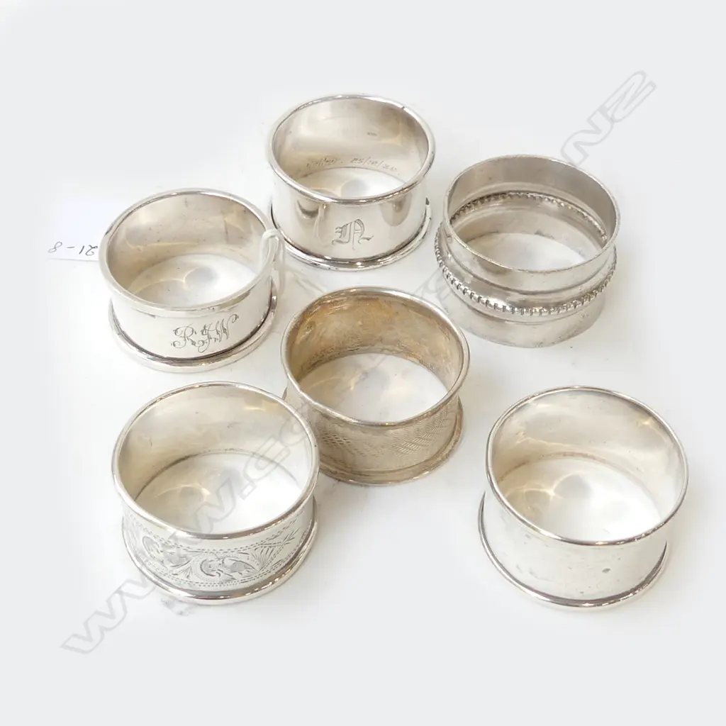 5 STG SILVER NAPKIN RINGS, 56gm & 1 SILVER PLATE  Image 1++