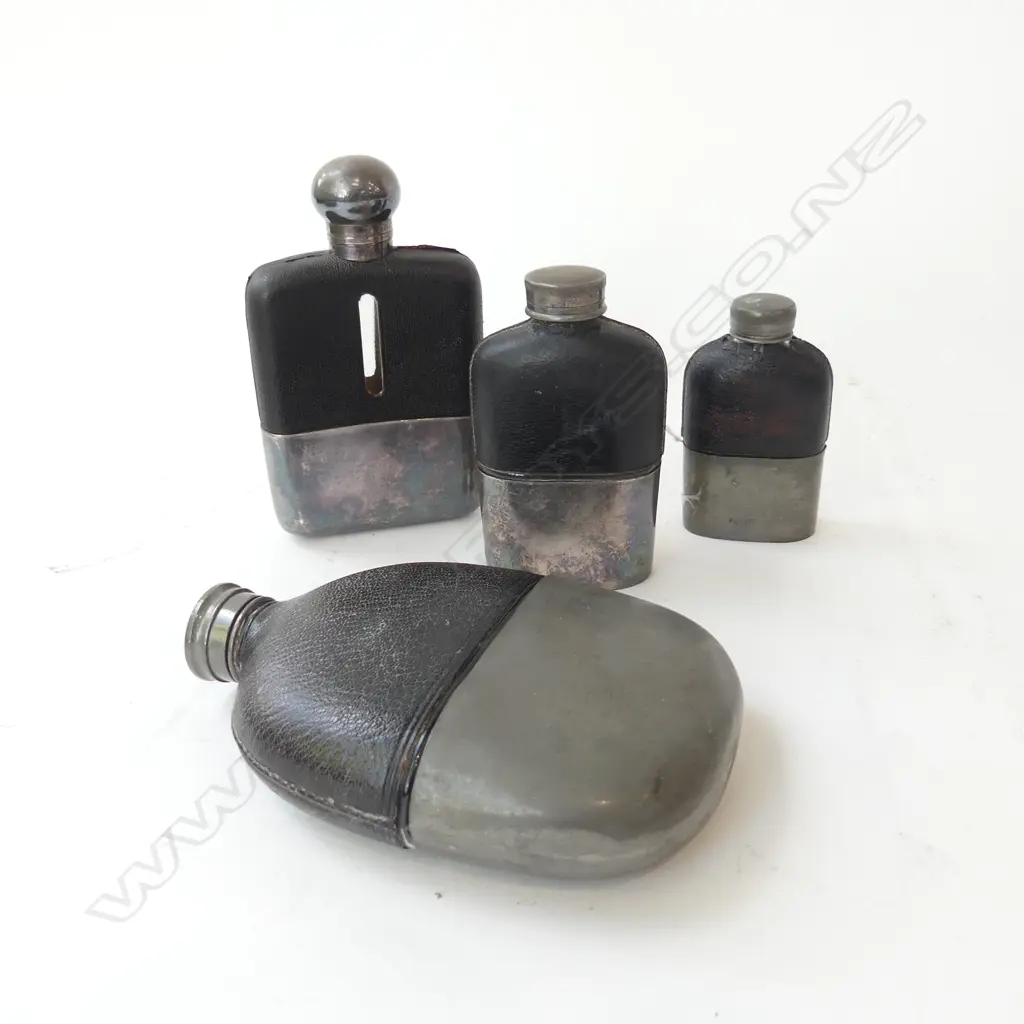 4 ANTIQUE SILVER PLATE HIP FLASKS H.150mm Image 1++