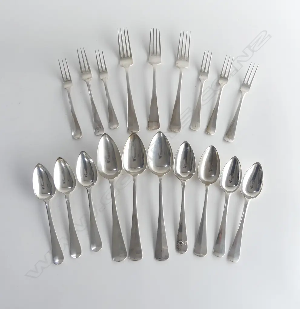EARLY 20thC DUTCH SILVER CUTLERY PART SET 9 forks + 10 spoons various. 777gms. Image 1++