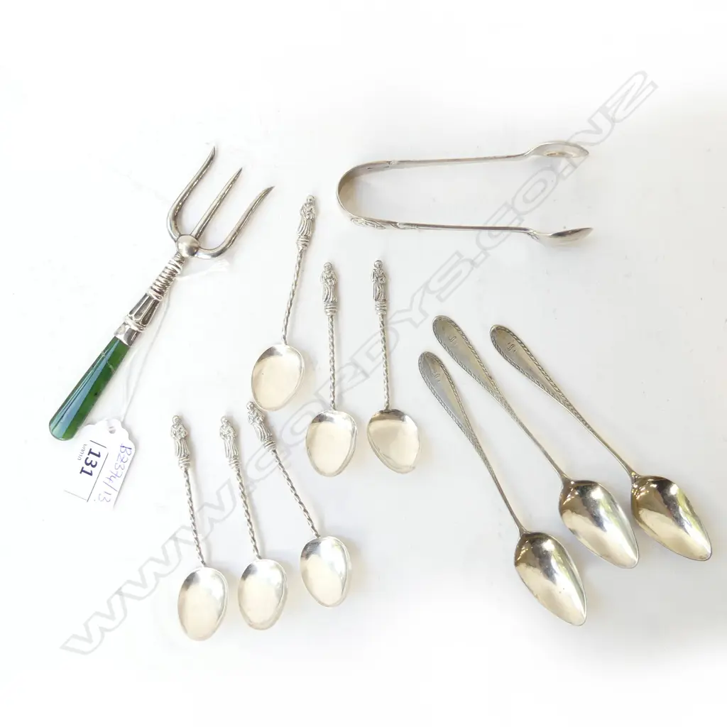 6 STG APOSTLE SPOONS, 3 SILVER TEASPOONS, SILVER? TONGS, BREAD FORK w. repaired greenstone handle Image 1++