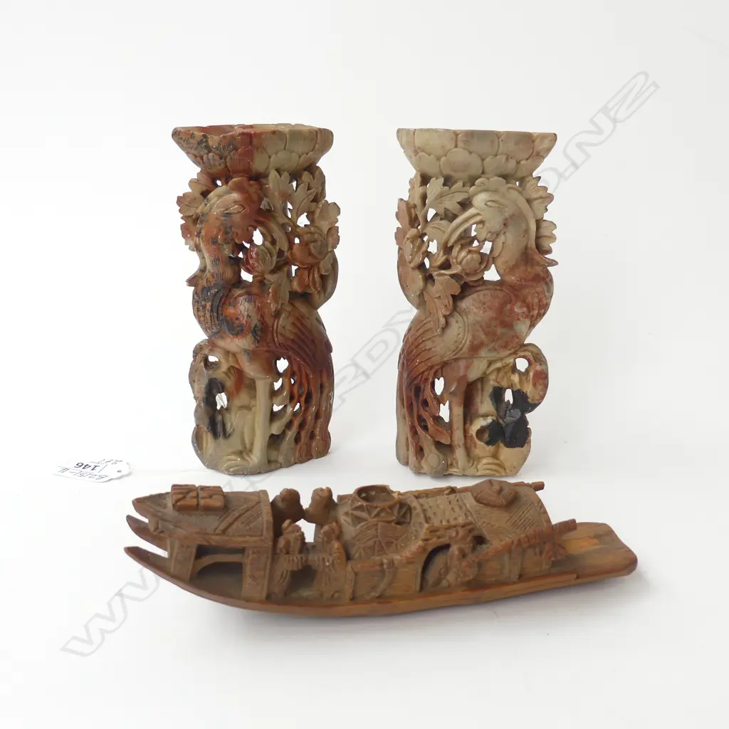 2 CHINESE CARVED SOAPSTONE INCENSE HOLDERS & DETAILED CARVED BAMBOO BOAT     Image 1++