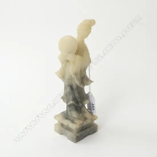 CHINESE CARVED SOAPSTONE FEMALE FIGURE w FAN, H.190mm