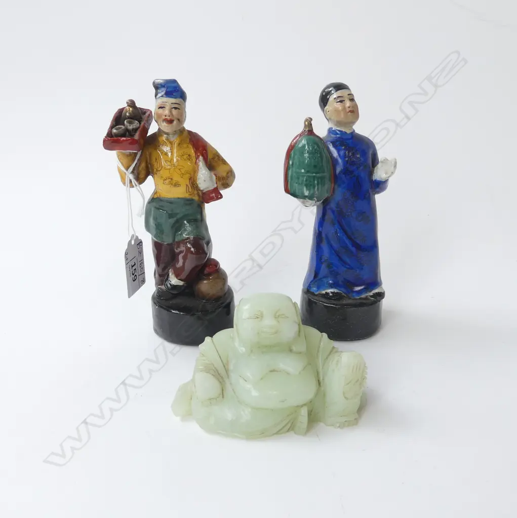 2 ORIENTAL CERAMIC FIGURES H.160mm + CHRYSOPRASE BUDDHA W.100mm Image 1++