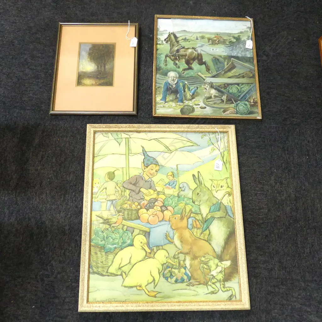 3 ARTWORKS; WC 170x120mm, 2 PRINTS; HORSE BOLTING CART AF, MARGARET W. TARRANT ELF MARKET 530x435mm Image 1++