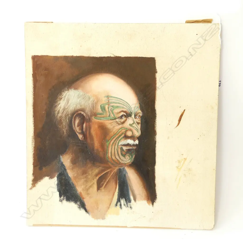 (24636) A. COLLISON? PORTRAIT OF MAORI MAN, OIL ON BOARD 400x375mm Image 1++