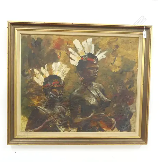 ROBERT LOVETT 'DANCING GIRLS TROBRIAND IS.' OIL ON BOARD '69 495x595mm 