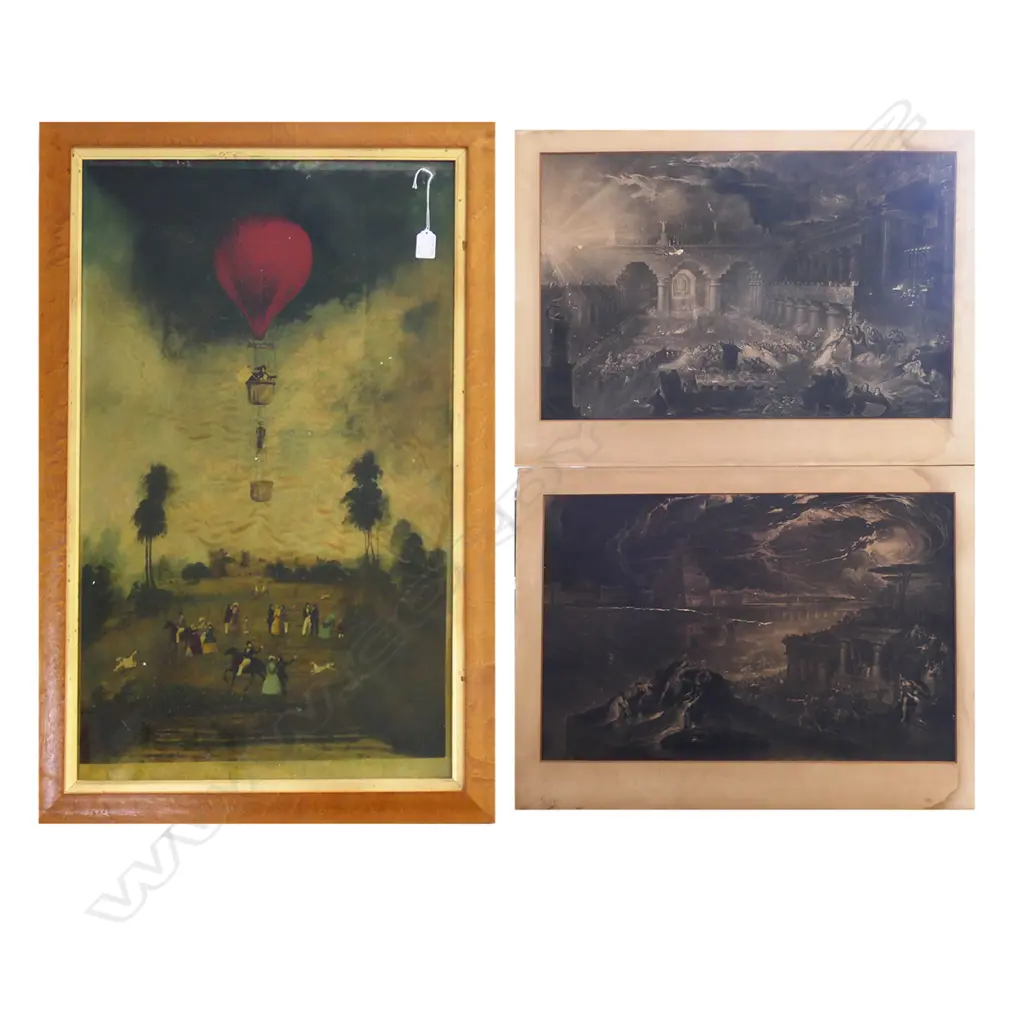 LARGE BALLOONIST PRINT H920 W590 WITH 2 UNFRAMED VICT ENGRAVINGS faults H590 W790MM Image 1++