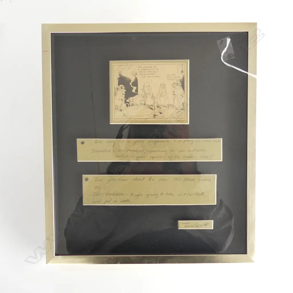 TOM SCOTT PRINTED CARTOON WITH HANDWRITTEN INSCRIPTIONS (SIGNED) - 340 X 300MM OVERALL Image 1++