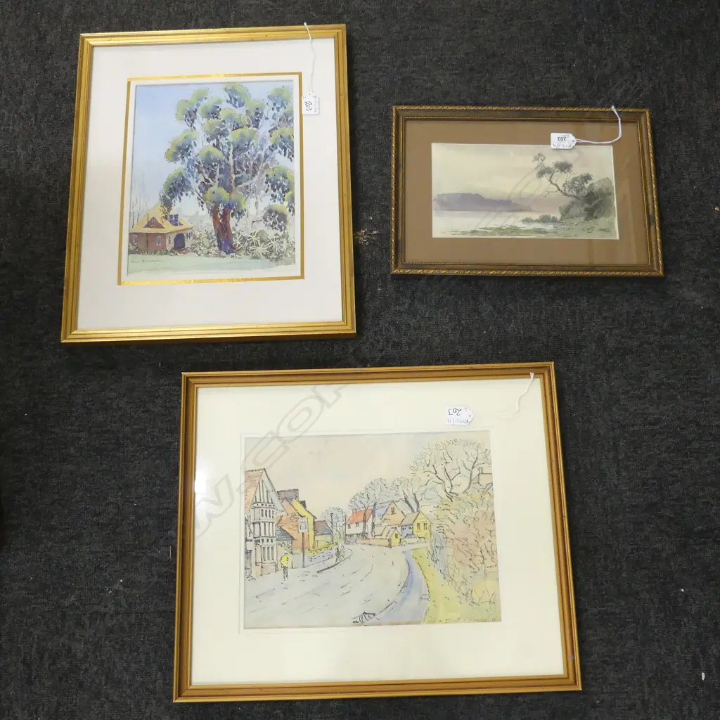 3 W/Cs; RIX CARLTON COASTAL SCENE 140x255mm, MARK VENABLES TOWN SCENE 1981 240x320, JILL RAEBURN HOUSE & TREE 300x230mm Image 1++