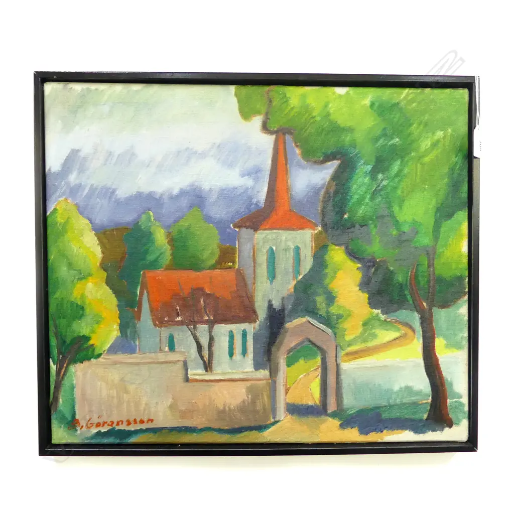 BROR GORANSSON (SWEDISH 1915-1971) SATILA KYRKA (CHURCH), OIL ON CANVAS 420x490mm Image 1++