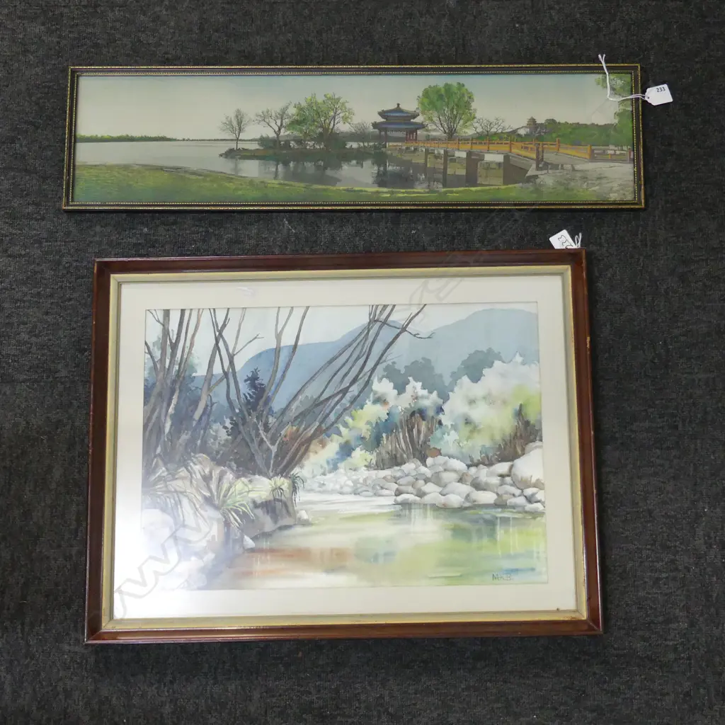 2 ARTWORKS; ORIENTAL LANDSCAPE FABRIC PANEL 170x710mm WC LANDSCAPE INITIALLED M.K.B. 340x490mm Image 1++
