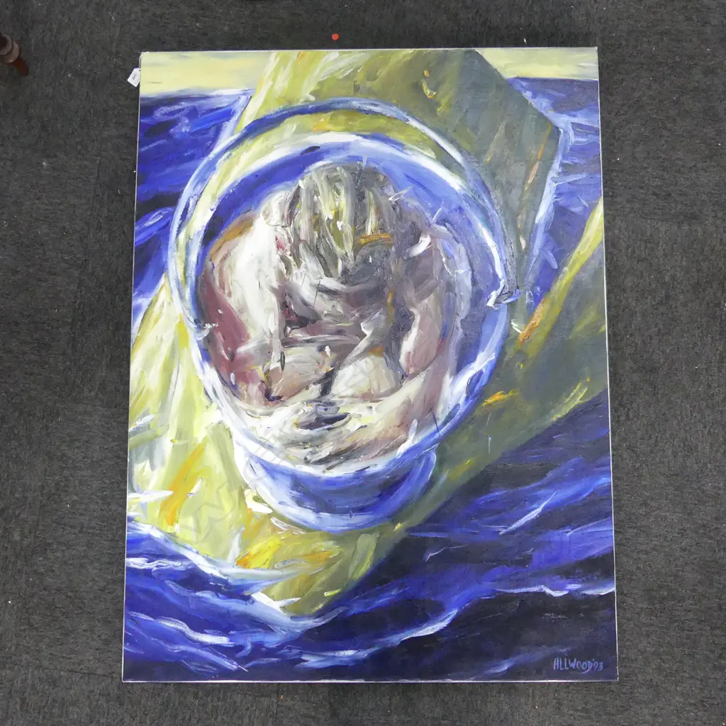 STEPHEN ALLWOOD, UNTITLED (MAN IN A BUCKET) OIL ON CANVAS  1220x915mm Image 1++