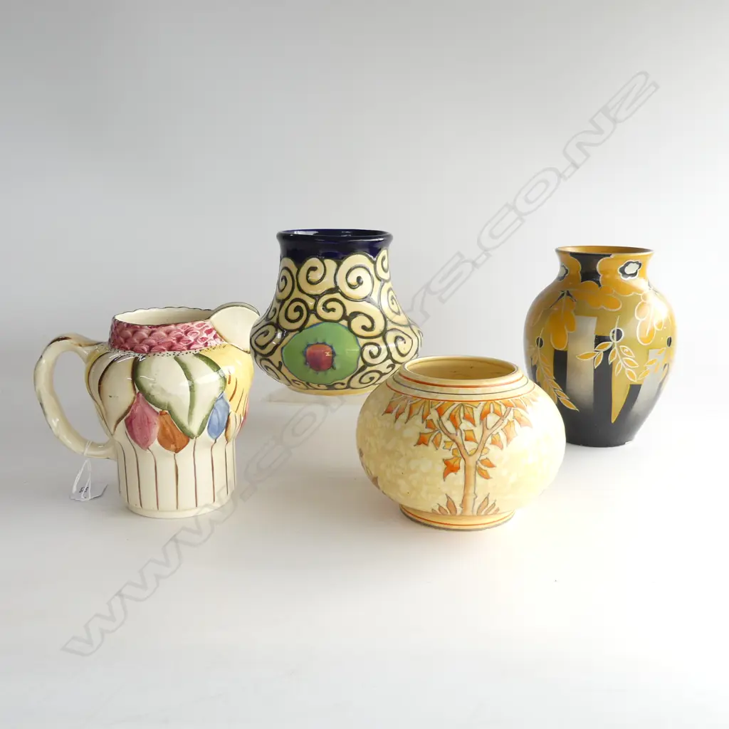 4 DECO CERAMICS; 3 VASES (RHEAD, MILTON, OTHER) + H. J. WOOD JUG H.155mm Image 1++