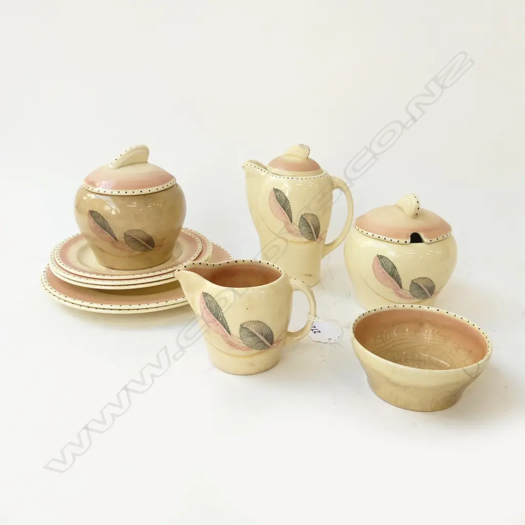 SUSIE COOPER MINIATURE PART COFFEE SET, KESTERL SHAPE COFFEE TWO SUGARS PLATES, 10 ITEMS, CRAZING & CHIPPING. POT H. 135 Image 1++