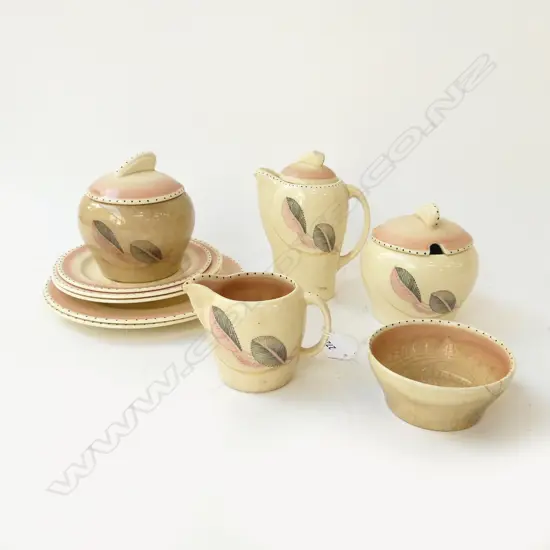 SUSIE COOPER MINIATURE PART COFFEE SET, KESTERL SHAPE COFFEE TWO SUGARS PLATES, 10 ITEMS, CRAZING & CHIPPING. POT H. 135