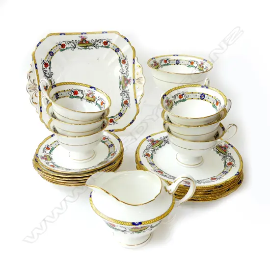 21 PCE SHELLEY TEA SET; 6 TRIOS, MILK, SUGAR & CAKE PLATE