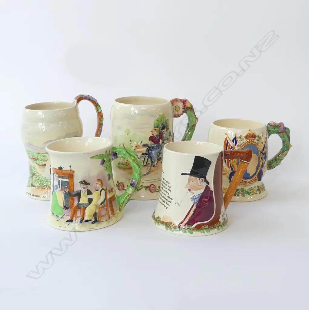 5 CROWN DEVON MUSICAL JUGS; JOHN PEEL, KILLARNEY, DAISY BELL, GEORGE VI, AULD LANG SYNE H.160mm Image 1++