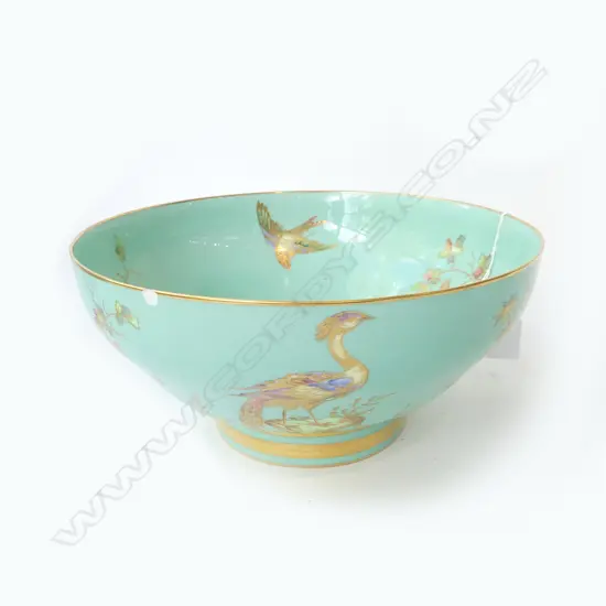 LG SPODE COPELAND CELADON & GILT BOWL 260mm dia RIM CHIP