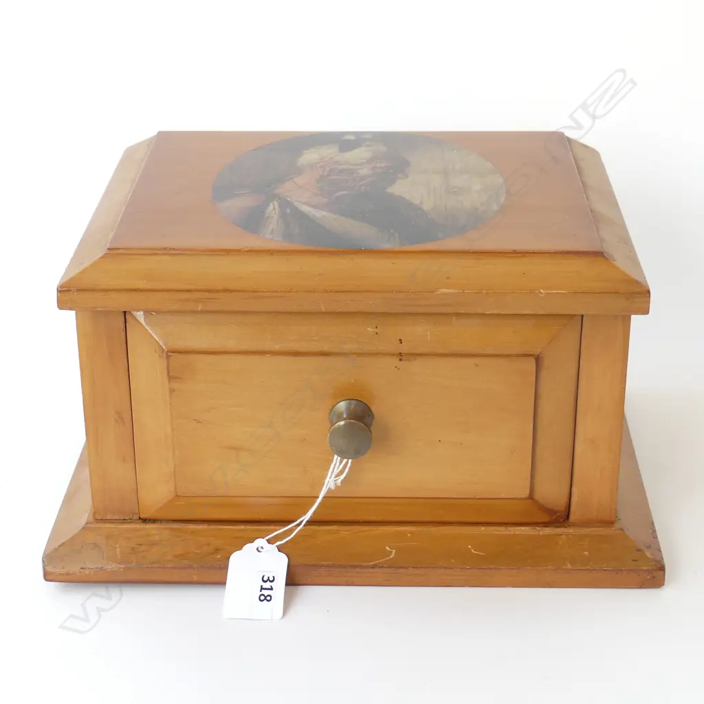 VINTAGE KAURI DRAWER w MAORI CHIEF ILLUSTRATION ON TOP, SIGNED CARL SIMM 1981 TO REAR Image 1++