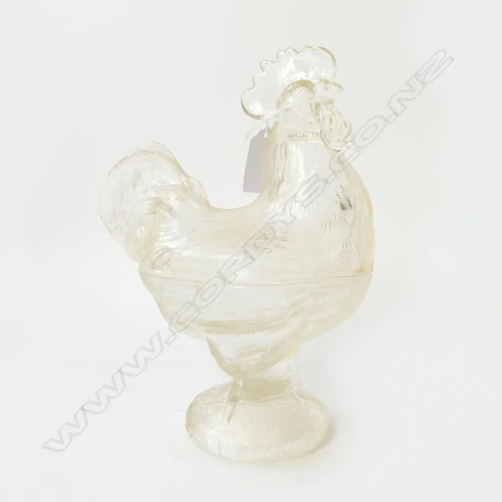 OLD PRESSED GLASS LIDDED CONTAINER AS ROOSTER. H. 220mm Image 1++