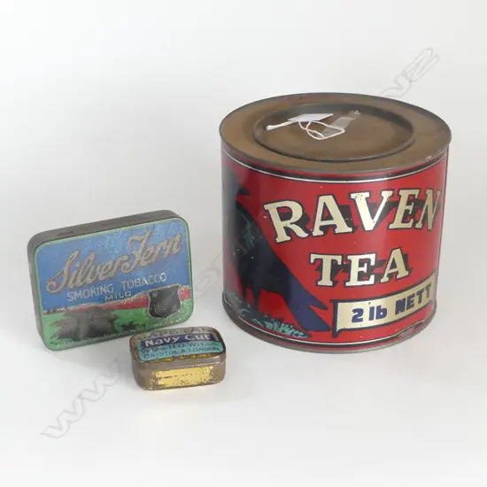 3 TINS: OLD RAVEN 2LB TEA TIN (OLD RAVEN 2LB TEA TIN WITH SILVER FERN TOBACCO & CAPSTAN TINS (INSIDE), LGEST 157 x 139mm