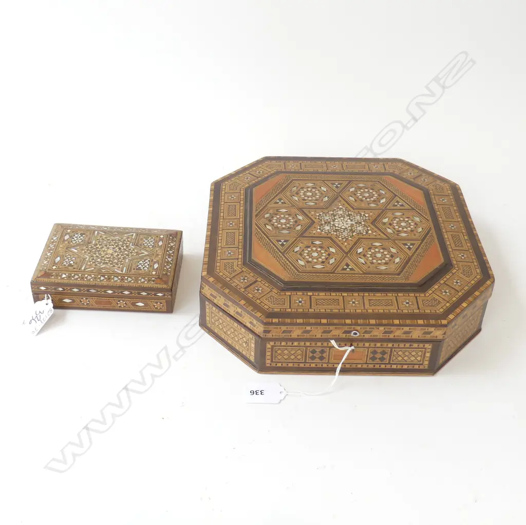 TWO ANGLO INDIAN INLAID BOXES ONE OCTAGONAL SEWING BOX 265X265mm & SMALL ONE INSIDE 130X95mm Image 1++