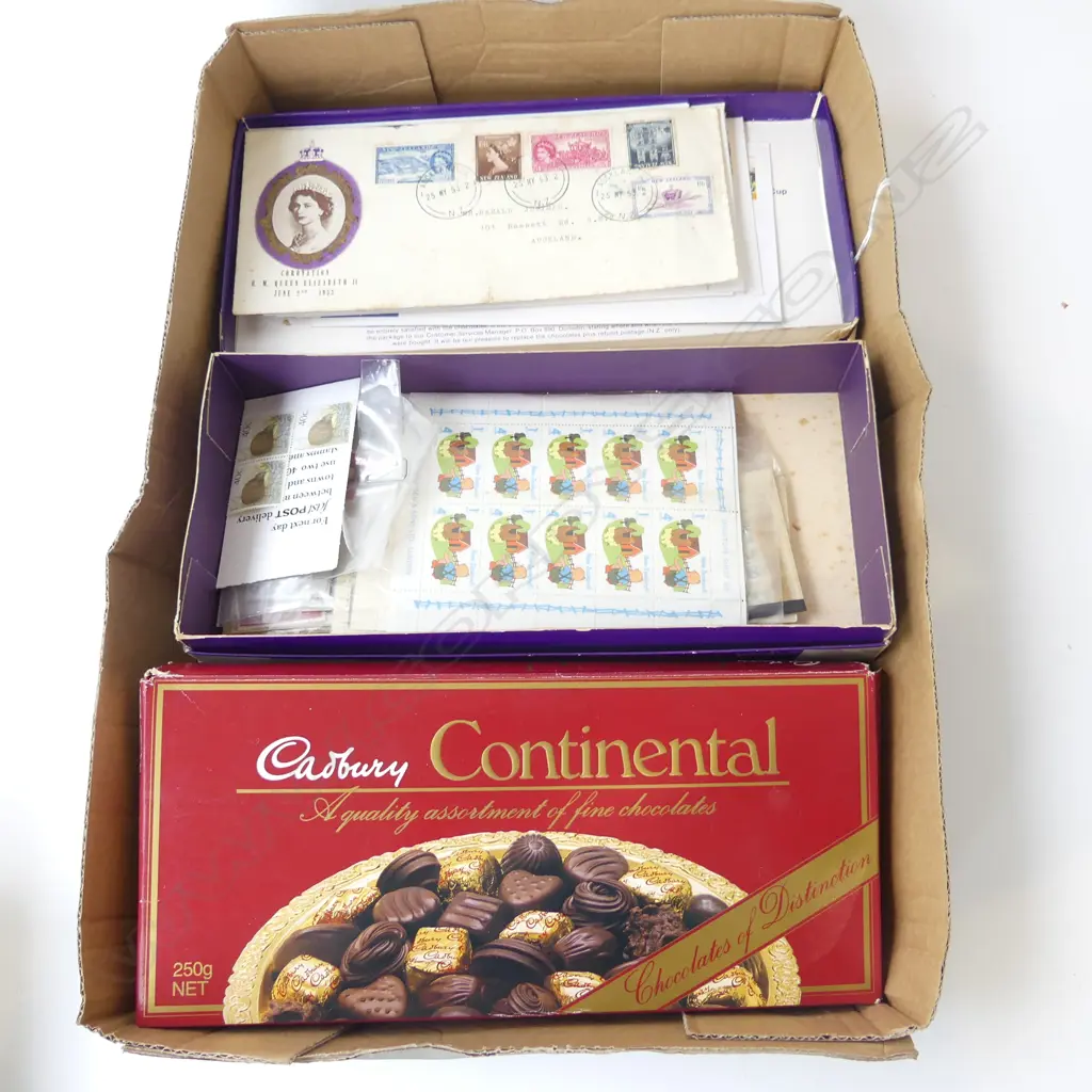 BOX OF STAMP COLLECTION mainly NZ includes FDC's 1967 Decimal Pict. set + mini sheets etc etc Image 1++