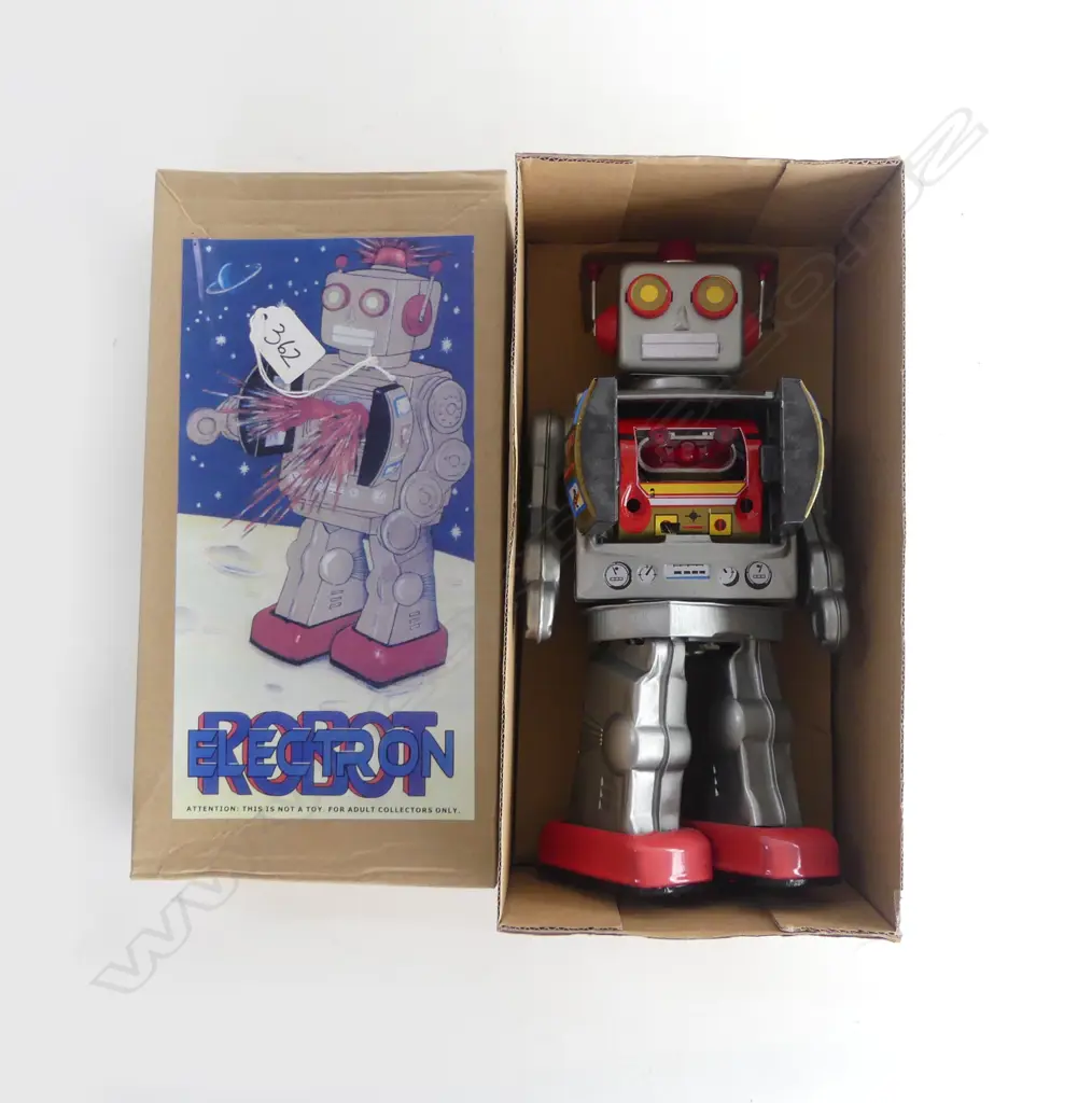 BOXED TIN 'ELECTRON ROBOT'  IN ORIGINAL UNUSED CONDITION  BATTERY OPERATED. COLLECTORS REPRODUCTION . H.290mm Image 1++