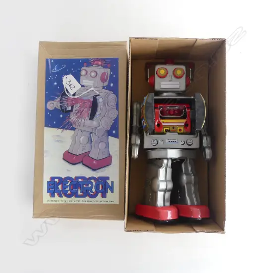 BOXED TIN 'ELECTRON ROBOT'  IN ORIGINAL UNUSED CONDITION  BATTERY OPERATED. COLLECTORS REPRODUCTION . H.290mm