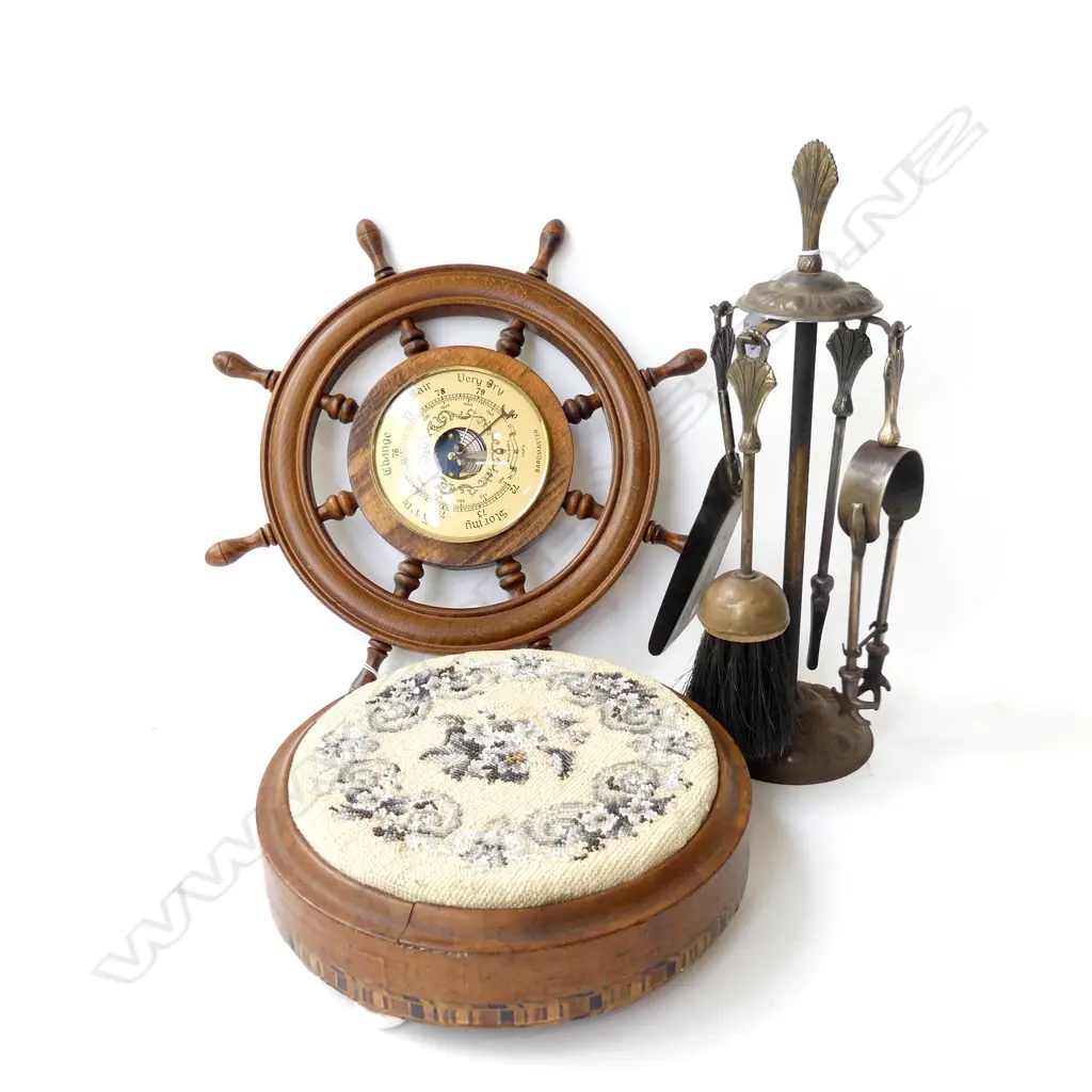 3 PCS, SHIPS WHEEL WALL BAROMETER, D412mm, VICTORIAN EMBROIDERED FOOTSTOOL & VINTAGE FIRE SIDE SET, H.400mm Image 1++