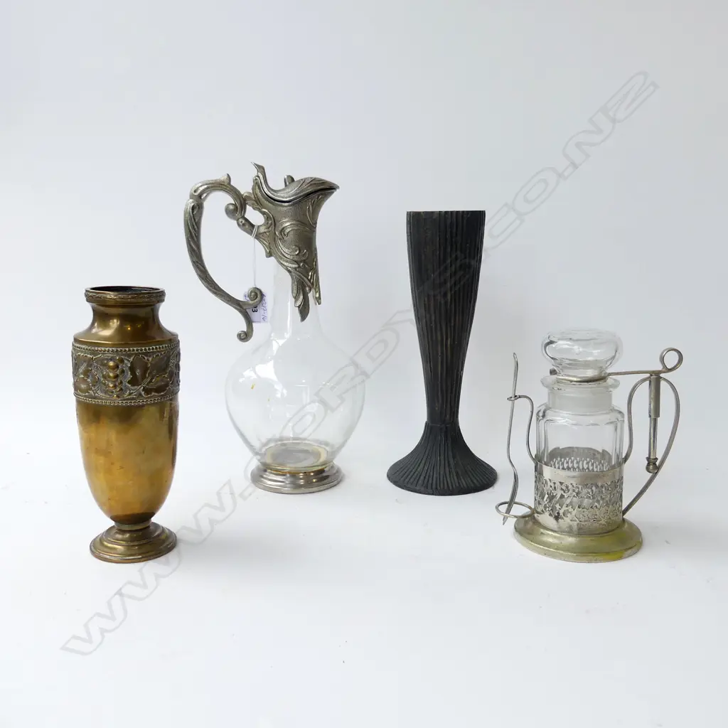 4 PCS, SOLID BRASS ART NOUVEAU VASE,  ARTS & CRAFTS BELDRAY BRASS VASE, VINTAGE CLARET JUG & PICKLE CASTOR (EDWARDIAN?) Image 1++