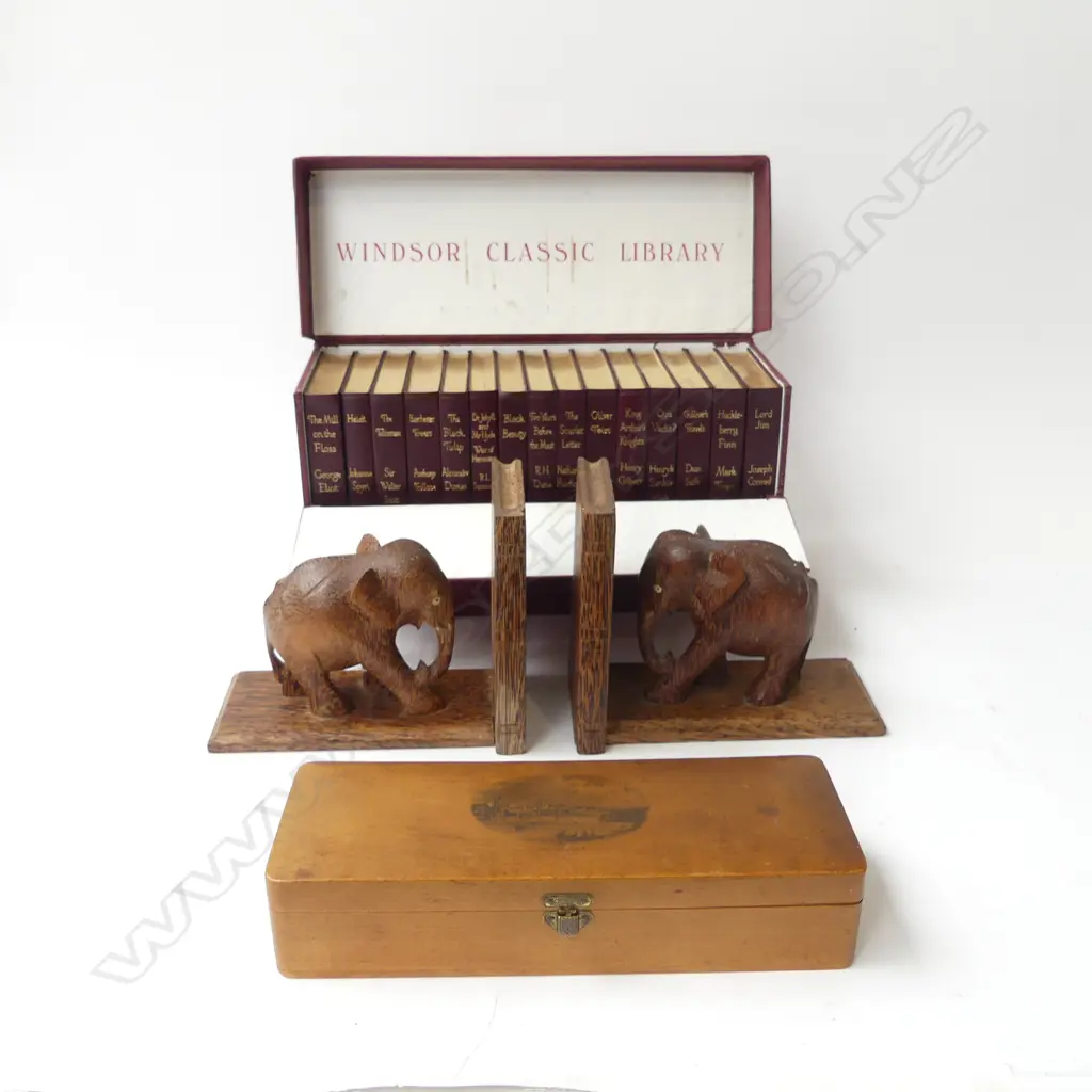 COMPLETE BOXED SET 'WINDSOR CLASSIC LIBRARY' c1930, PR MID CENTURY ELEPHANT BOOKENDS & VICTORIAN GLOVE BOX Image 1++